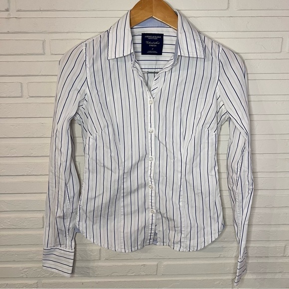 American Eagle Blue and White Striped Tailored Button Down Shirt, Women’s Size 2 - Picture 1 of 6
